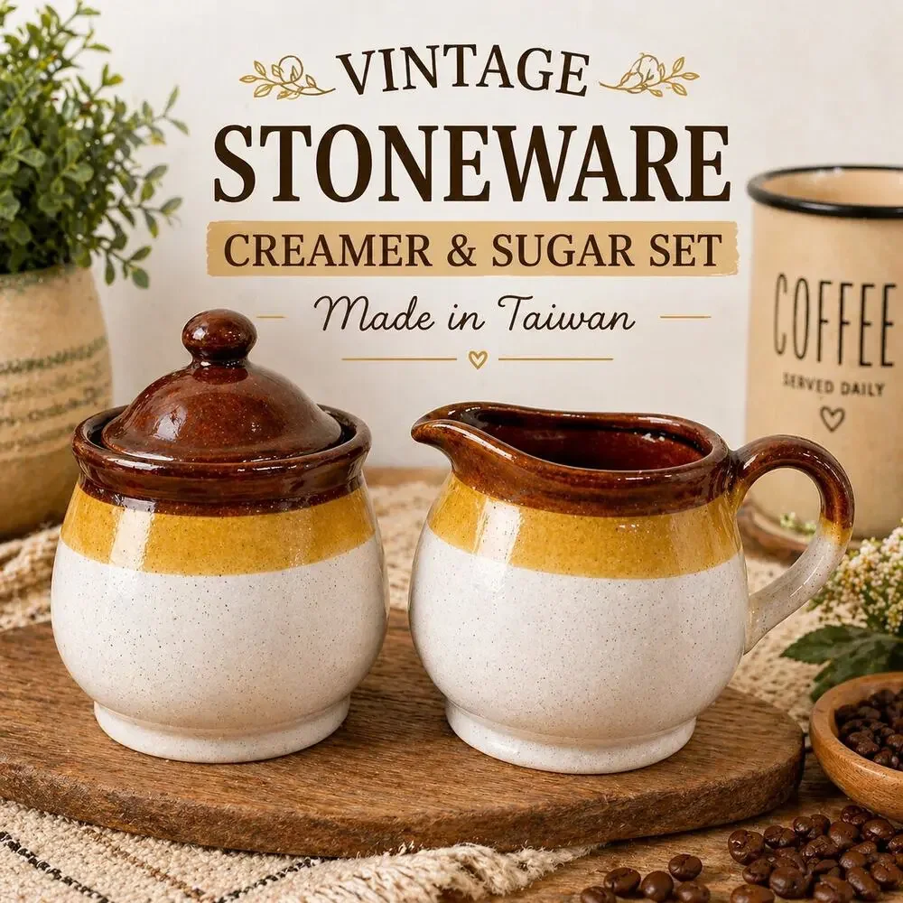 Vintage Taiwan Stoneware Creamer & Sugar Bowl Set Rustic Farmhouse